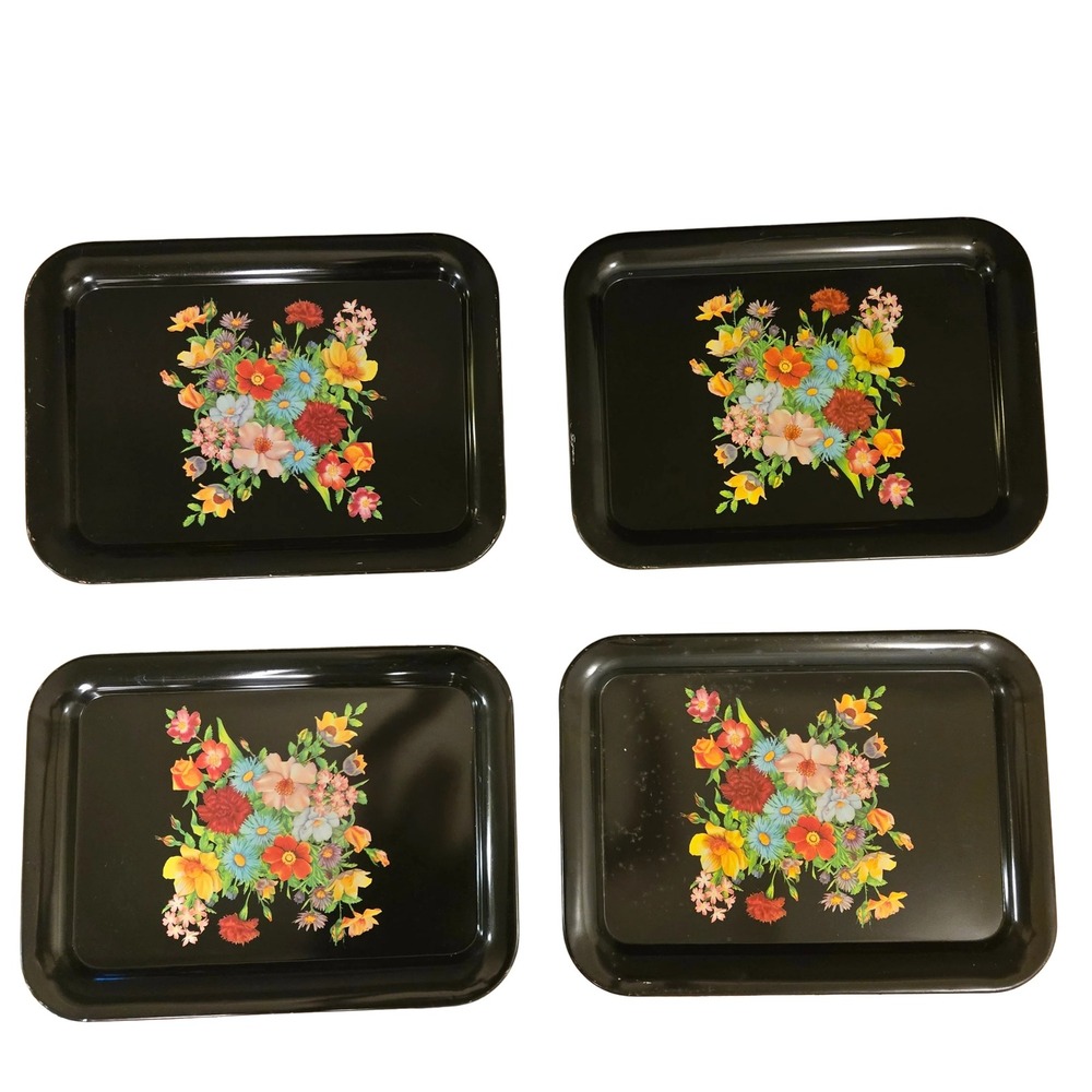 Vintage Black Metal Floral Lap Trays Set of 4 Rectangular Tin Toleware Botanical